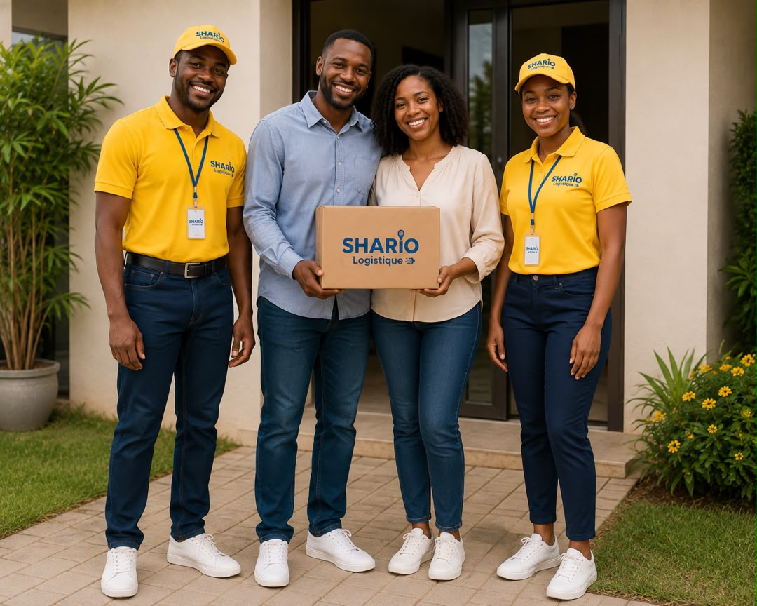 Client et livreur Shario Logistique partageant un colis en famille