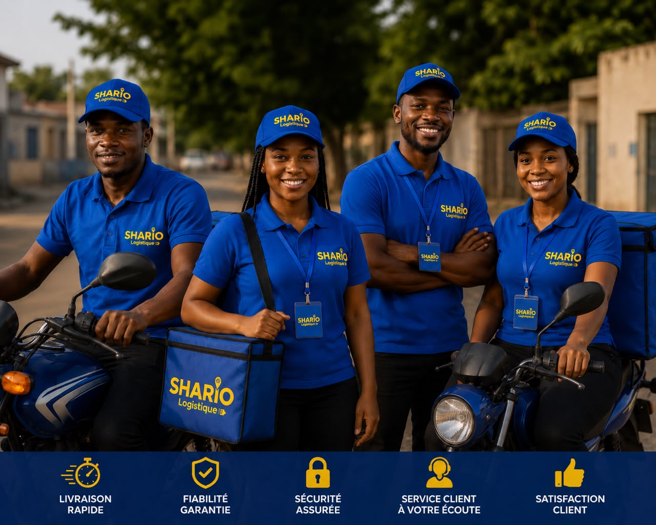 Équipe de livreurs Shario Logistique en tenue officielle