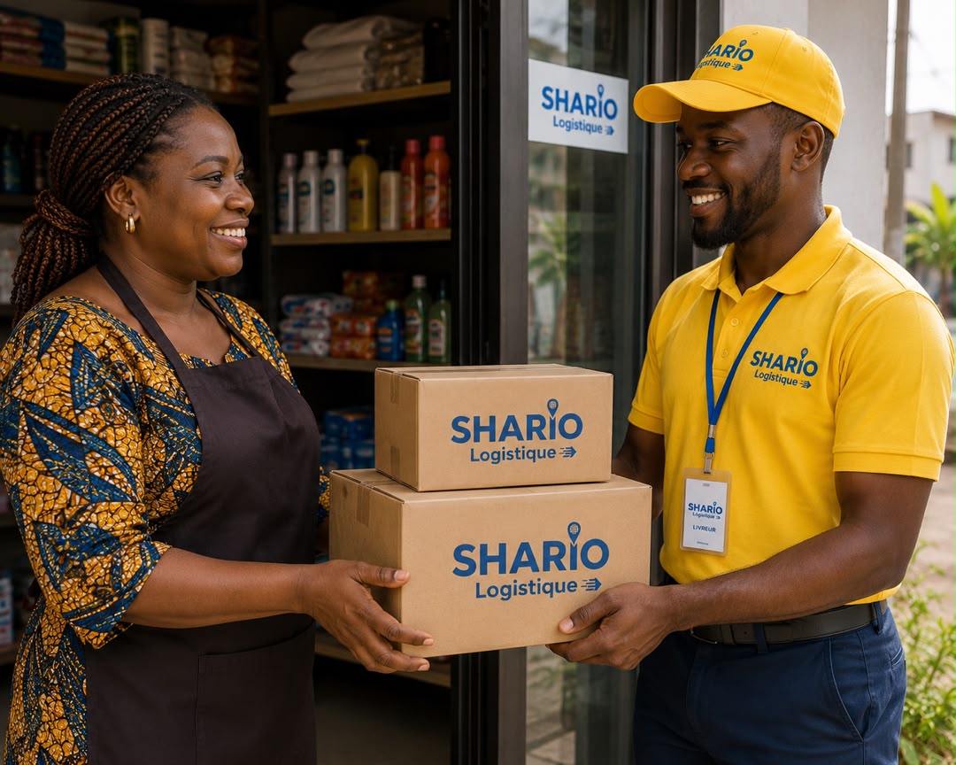 Livreur Shario Logistique remettant un colis à une commerçante